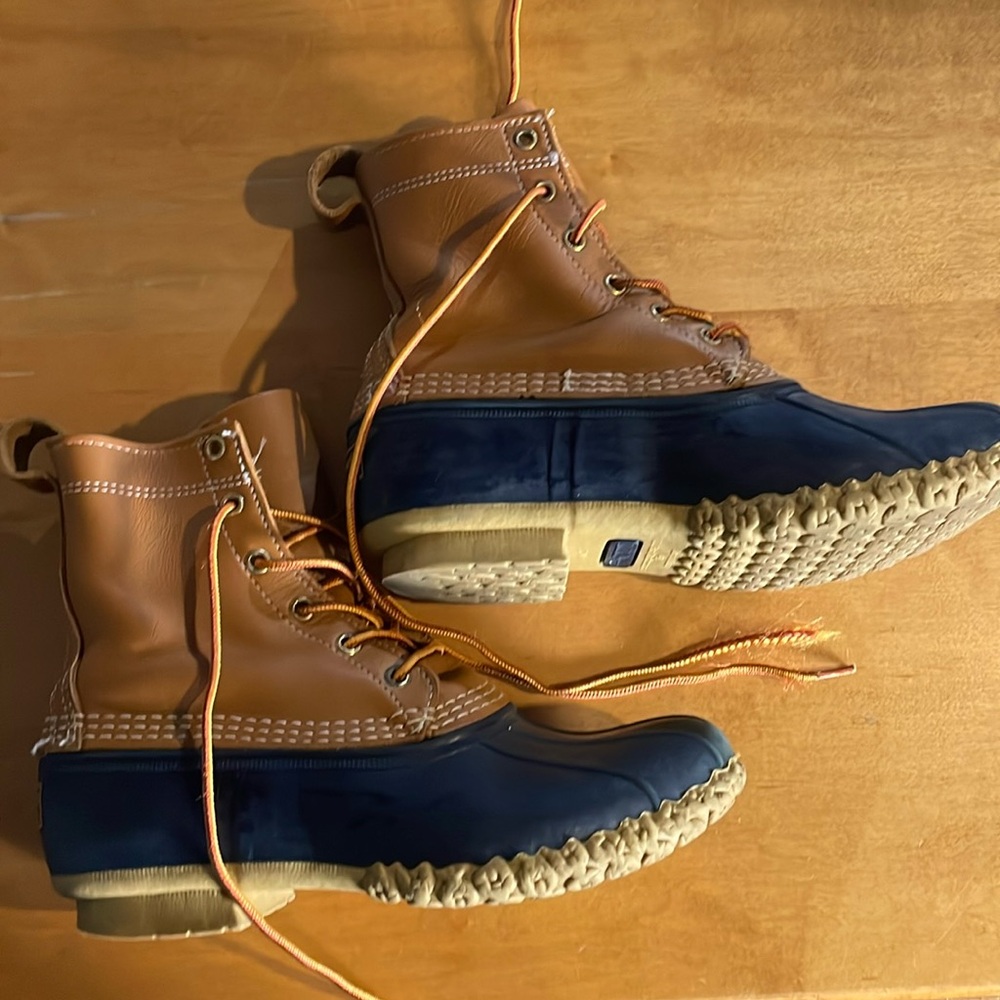 L.L. Bean Two-Tone Tan and Navy Lace-Up Duck Boots